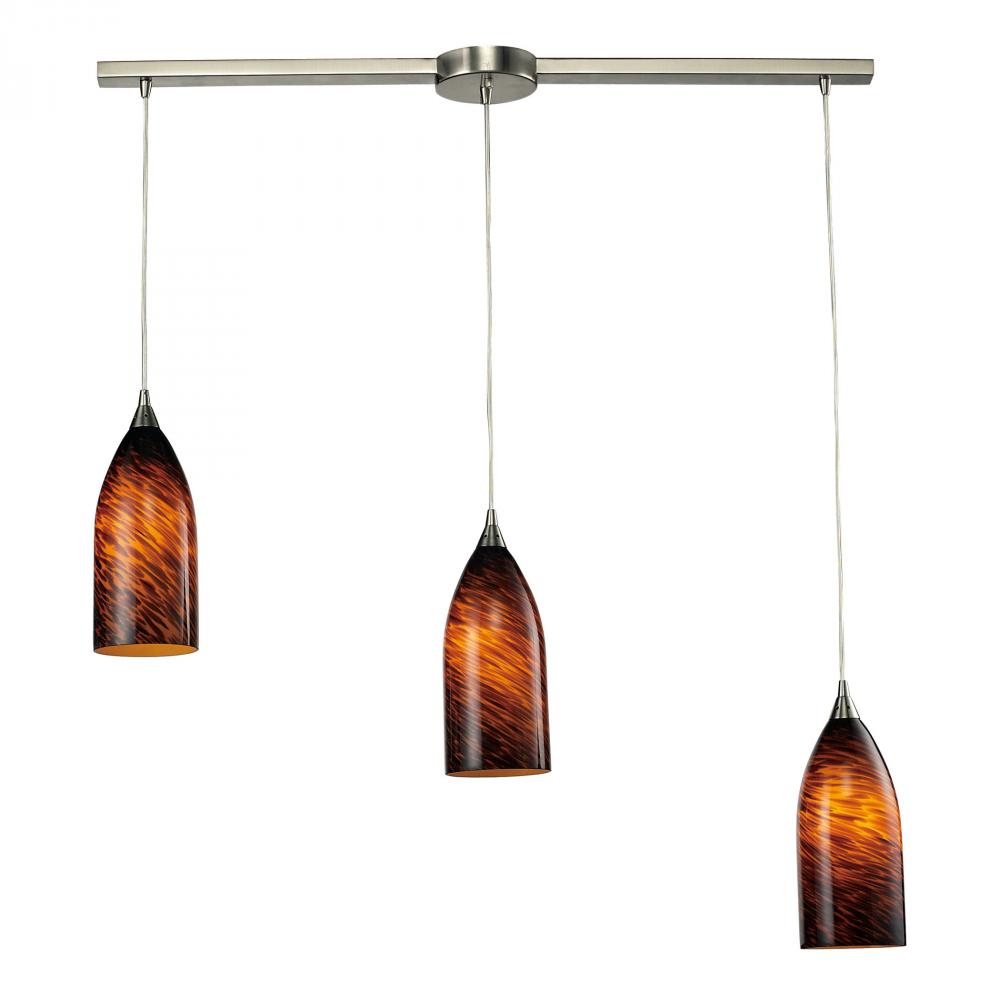 Verona 3-Light Linear Pendant Fixture in Satin Nickel with Espresso Glass